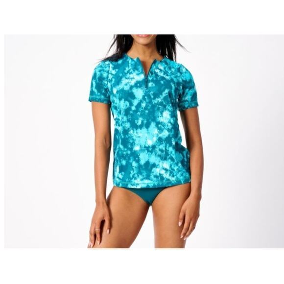 Swimsuits For All Other - Kim Gravel Size 24 Turquoise Tie Dye Zip Front Swim Tee & Brief Set A567737 NWOT